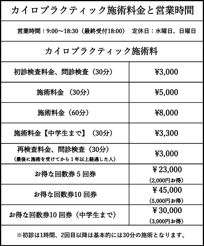 レア・カイロプラクティック施術料金&営業日 レア・カイロプラクティック施術料金&営業日